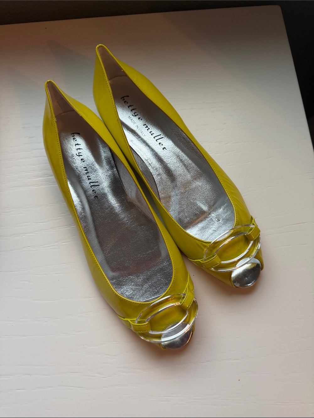 bettye muller Bright Yellow Leather Flats with Silver Toe Accent